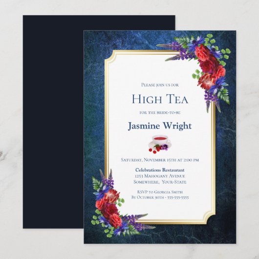 Navy Blue Burgundy Floral Bridal High Tea Kaart (Voorkant / Achterkant)