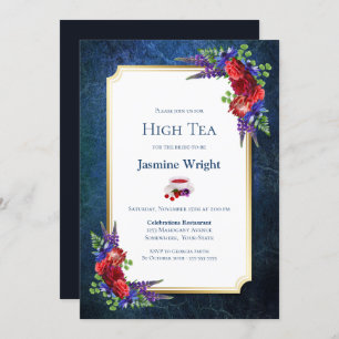 Navy Blue Burgundy Floral Bridal High Tea Kaart