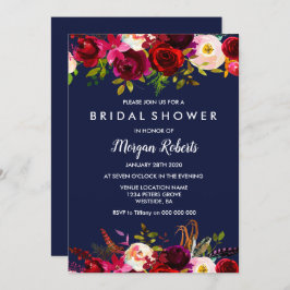 Navy Blue Burgundy Floral Bridal Shower Kaart