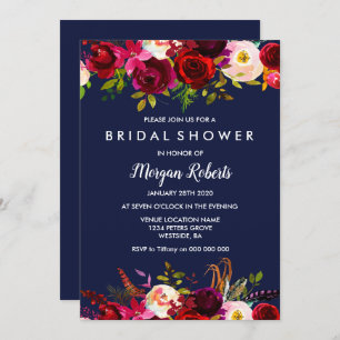 Navy Blue Burgundy Floral Bridal Shower Kaart