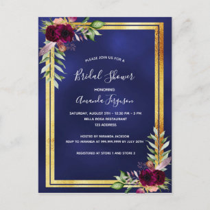 Navy blue burgundy floral Bridal Shower-uitnodigin Briefkaart