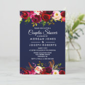 Navy Blue Burgundy Floral Couples Shower Invite Kaart (Staand voorkant)
