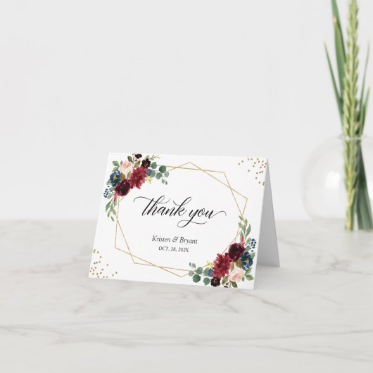 Navy Blue Burgundy Floral Gold Geometric Lijst Bedankkaart (Voorkant)