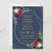 Navy Blue Burgundy Floral Gold Geometric Wedding Kaart (Voorkant)