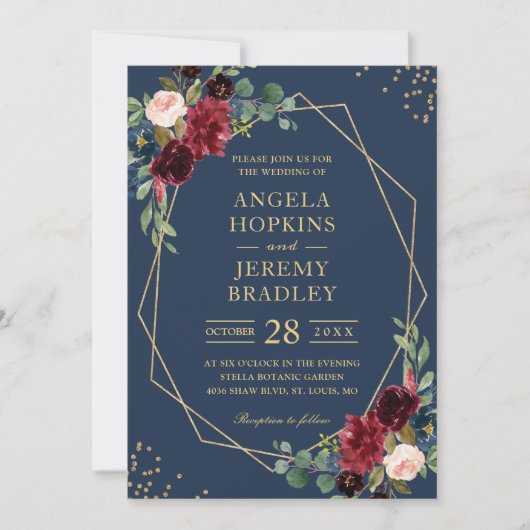 Navy Blue Burgundy Floral Gold Geometric Wedding Kaart (Voorkant)
