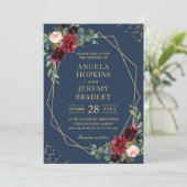 Navy Blue Burgundy Floral Gold Geometric Wedding Kaart (Staand voorkant)