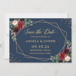 Navy Blue Burgundy Floral Gold Geometric Wedding Save The Date