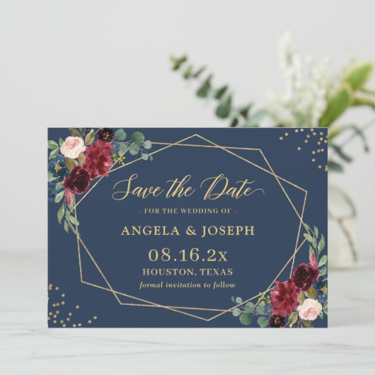 Navy Blue Burgundy Floral Gold Geometric Wedding Save The Date (Staand voorkant)