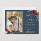 Navy Blue Burgundy Floral Gold Weduwfoto Save The Date (Voorkant)