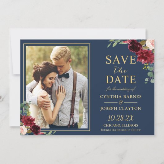 Navy Blue Burgundy Floral Gold Weduwfoto Save The Date (Voorkant)