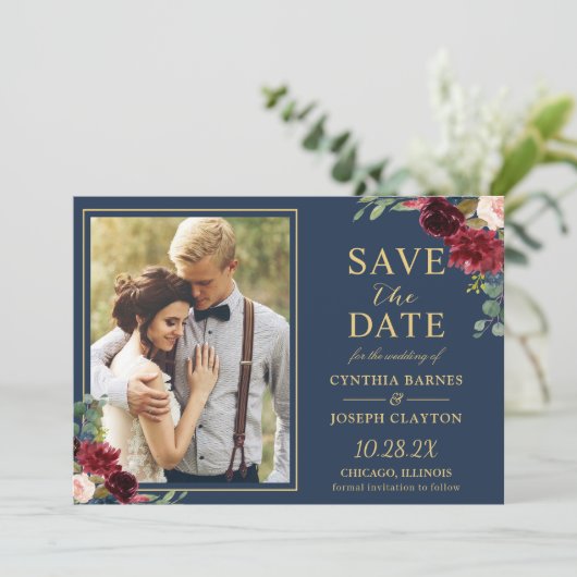 Navy Blue Burgundy Floral Gold Weduwfoto Save The Date (Staand voorkant)