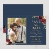 Navy Blue Burgundy Floral Gold Weduwfoto Save The Date (Voorkant / Achterkant)