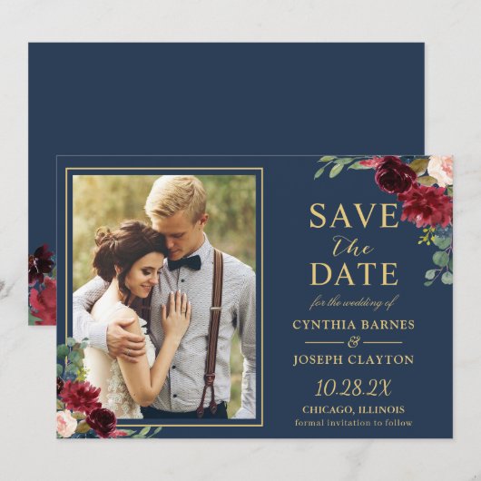 Navy Blue Burgundy Floral Gold Weduwfoto Save The Date (Voorkant / Achterkant)