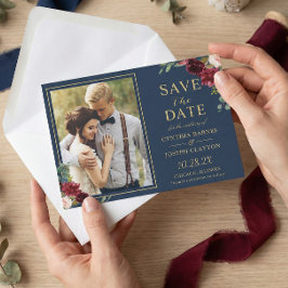 Navy Blue Burgundy Floral Gold Weduwfoto Save The Date