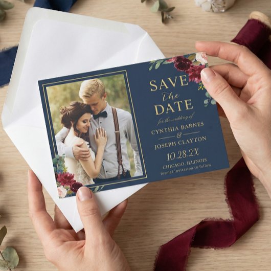 Navy Blue Burgundy Floral Gold Weduwfoto Save The Date