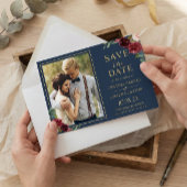 Navy Blue Burgundy Floral Gold Weduwfoto Save The Date