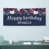 Navy Blue Burgundy Floral Happy Birthday Name Spandoek (Beurs)