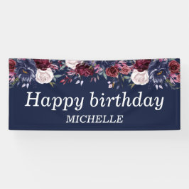 Navy Blue Burgundy Floral Happy Birthday Name Spandoek