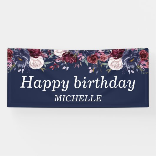 Navy Blue Burgundy Floral Happy Birthday Name Spandoek (Horizontaal)
