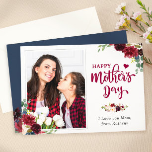 Navy Blue Burgundy Floral Happy Moederdag Foto Kaart