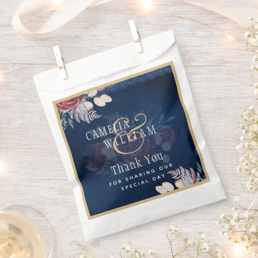 Navy Blue Burgundy Floral Lace Wedding Bedankzakje (Geknipt)