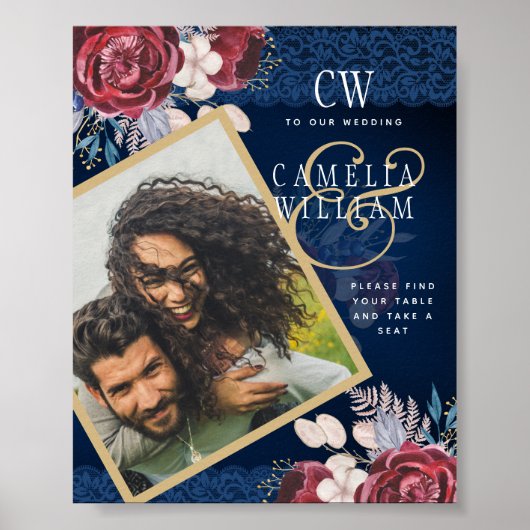 Navy Blue Burgundy Floral Lace Wedding Poster (Voorkant)