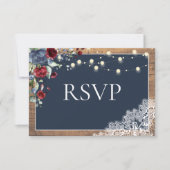 Navy Blue Burgundy Floral Lace Wood Wedding RSVP (Voorkant)
