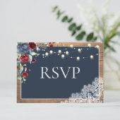 Navy Blue Burgundy Floral Lace Wood Wedding RSVP (Staand voorkant)