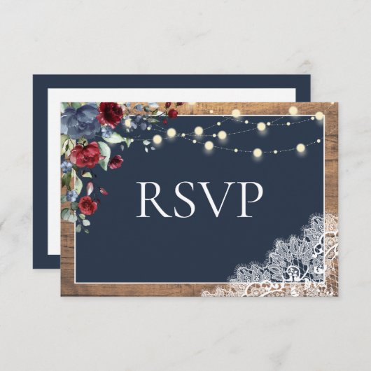 Navy Blue Burgundy Floral Lace Wood Wedding RSVP (Voorkant / Achterkant)