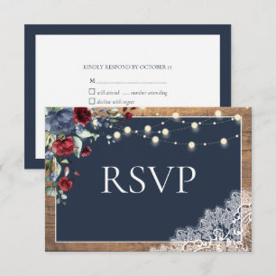 Navy Blue Burgundy Floral Lace Wood Wedding RSVP Kaartje