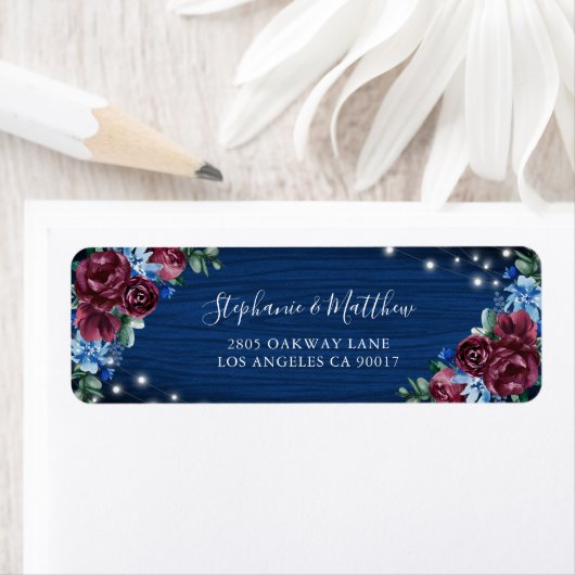 Navy Blue Burgundy Floral Lights Wedding Etiket (Insitu)