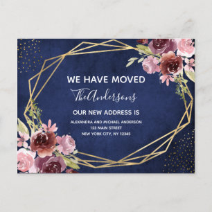 Navy Blue Burgundy Floral Moving Announcement Aankondigingskaart