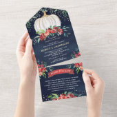 Navy Blue Burgundy Floral Pumpkin Baby shower All In One Uitnodiging (Afscheurbaar)