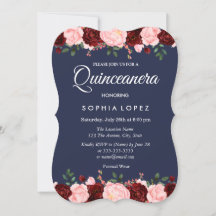Navy Blue Burgundy Floral Quinceanera
