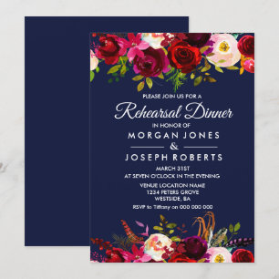 Navy Blue Burgundy Floral Rehearsal Dinner Invite Kaart
