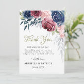 Navy Blue Burgundy Floral Roos Blush Pink Weddensc Bedankkaart (Staand voorkant)