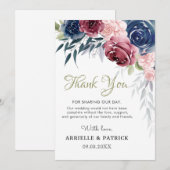 Navy Blue Burgundy Floral Roos Blush Pink Weddensc Bedankkaart (Voorkant / Achterkant)