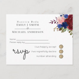 Navy Blue Burgundy Floral Spain Boda RSVP Uitnodiging Briefkaart