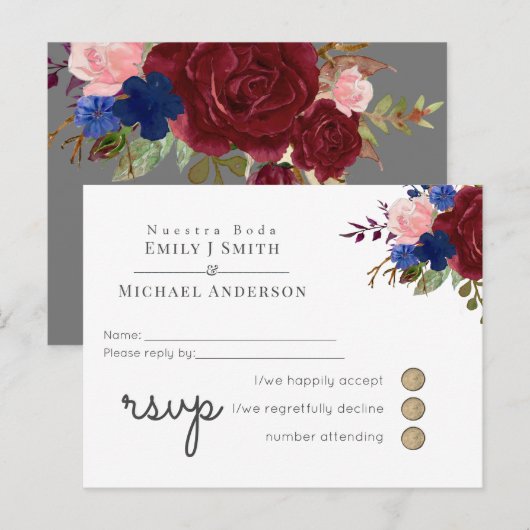 Navy Blue Burgundy Floral Spain Boda RSVP Uitnodiging Briefkaart (Voorkant / Achterkant)