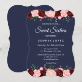 Navy Blue Burgundy Floral Sweet 16 Uitnodiging (Voorkant / Achterkant)