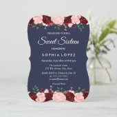 Navy Blue Burgundy Floral Sweet 16 Uitnodiging (Staand voorkant)