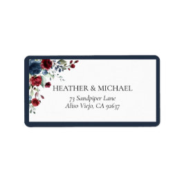 Navy Blue Burgundy Floral Waterverf Adres Etiket