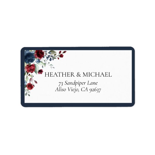 Navy Blue Burgundy Floral Waterverf Adres Etiket (Voorkant)