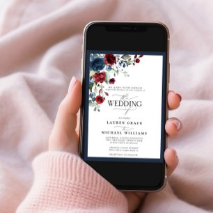 Navy Blue Burgundy Floral Waterverf Script Invita Kaart