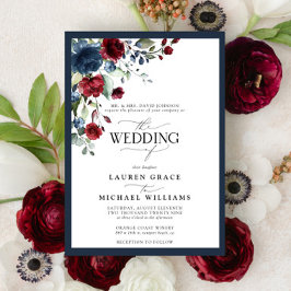 Navy Blue Burgundy Floral Waterverf Script Invita Kaart