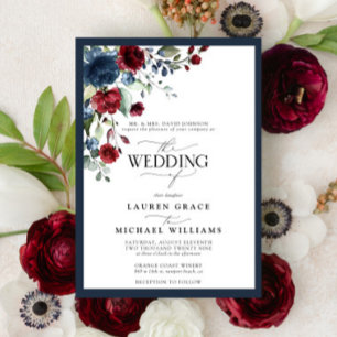 Navy Blue Burgundy Floral Waterverf Script Invita Kaart