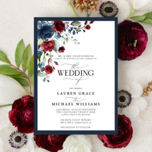 Navy Blue Burgundy Floral Waterverf Script Invita Kaart