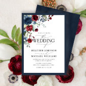 Navy Blue Burgundy Floral Waterverf Script Kaart
