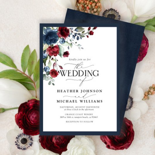 Navy Blue Burgundy Floral Waterverf Script Kaart