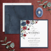 Navy Blue Burgundy Floral Waterverf Script Kaart